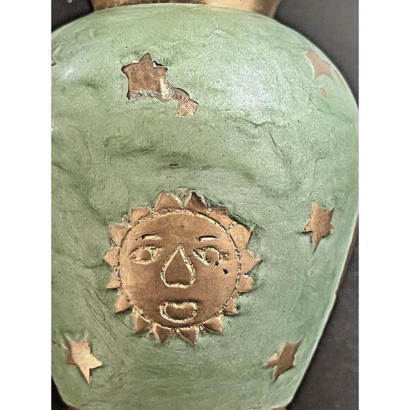 Solid Brass & Green Enamel Vase Celestial Sun Moon Stars Made in India 4-3/4" - Picture 2 of 14